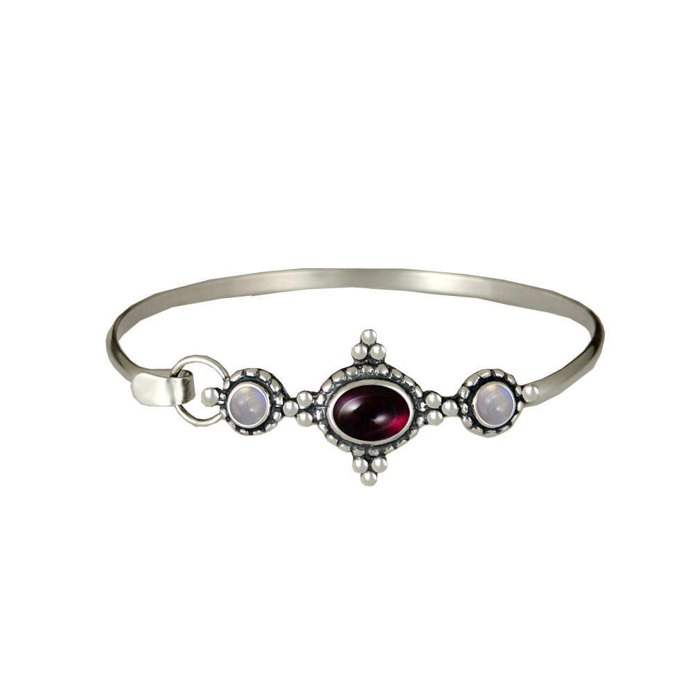 Sterling Silver Gemstone Strap Latch Spring Hook Bangle Bracelet Garnet And Rainbow Moonstone